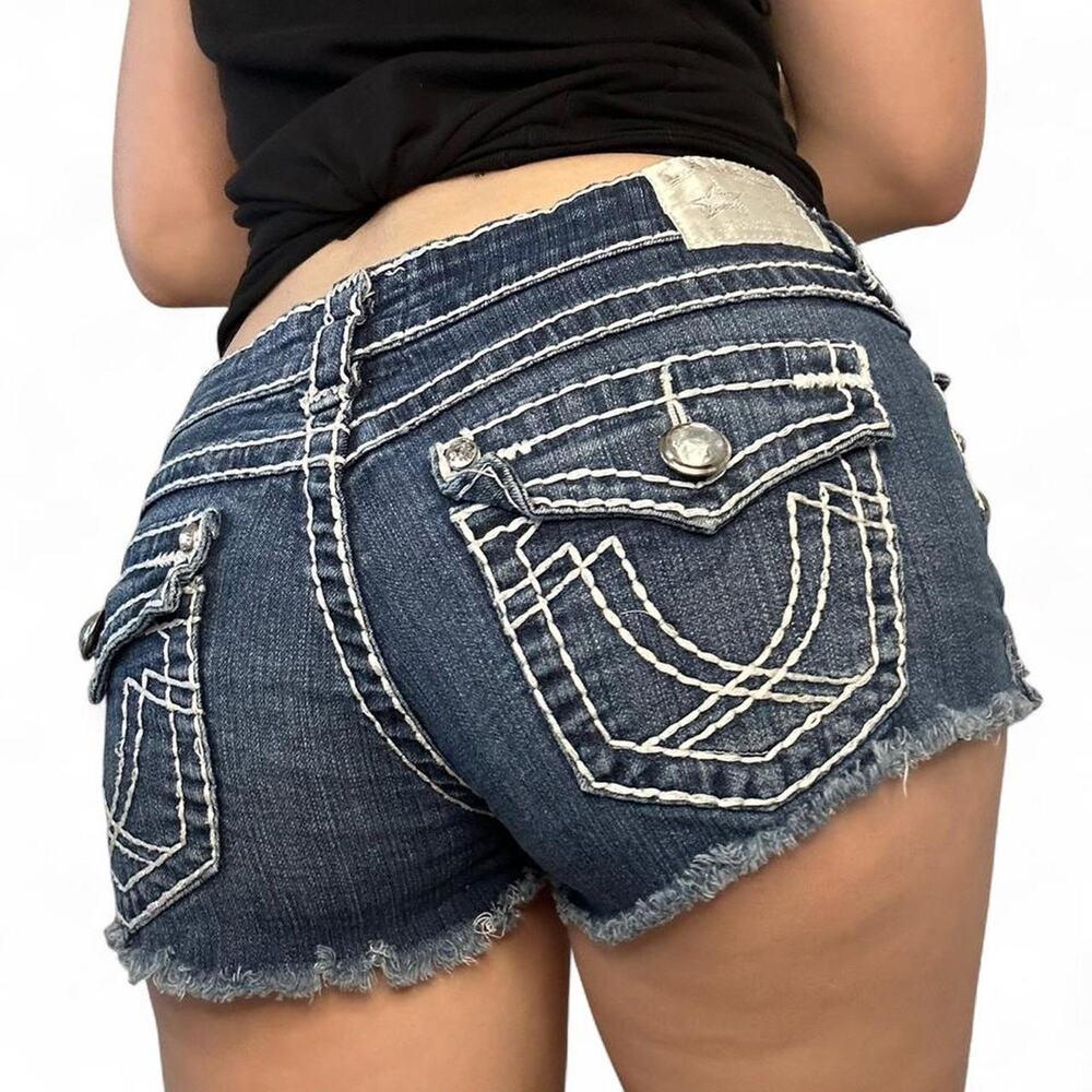 Vintage L.A. Idol USA Navy Low-Rise Embroidered Denim Micro Mini Shorts – M